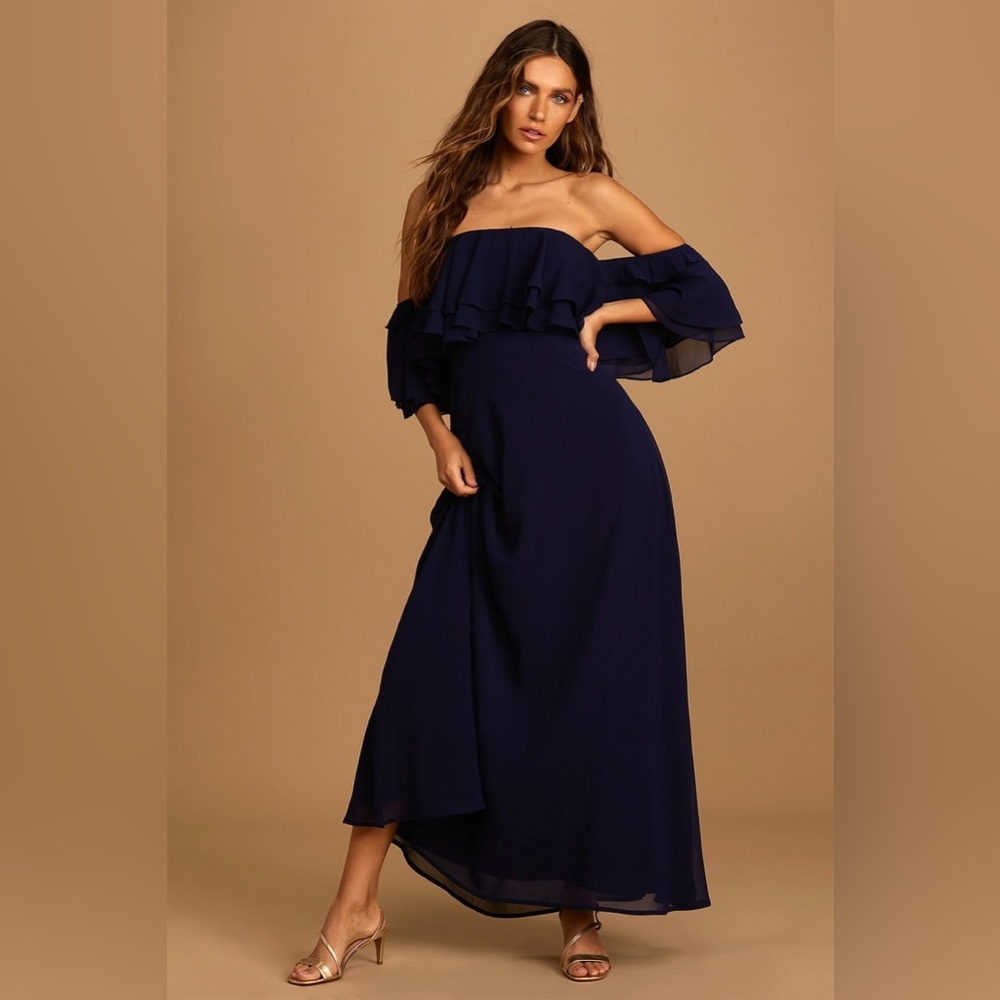 ⭐️Lulu's Just Love Navy Blue Off-the-Shoulder Ruffled Maxi Dress